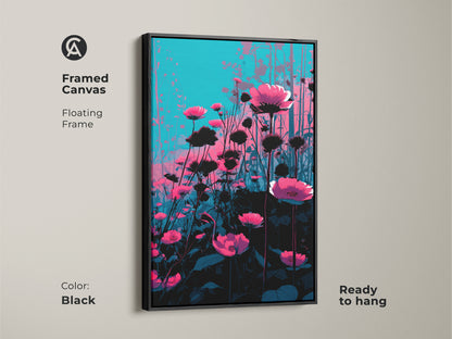 Framed canvas with floating frame features magenta poppies and teal wildflowers. The black frame enhances this botanical artwork. It is ready to hang. A modern wildflower art piece that adds a touch of nature to your space. It's a plant lover gift.
