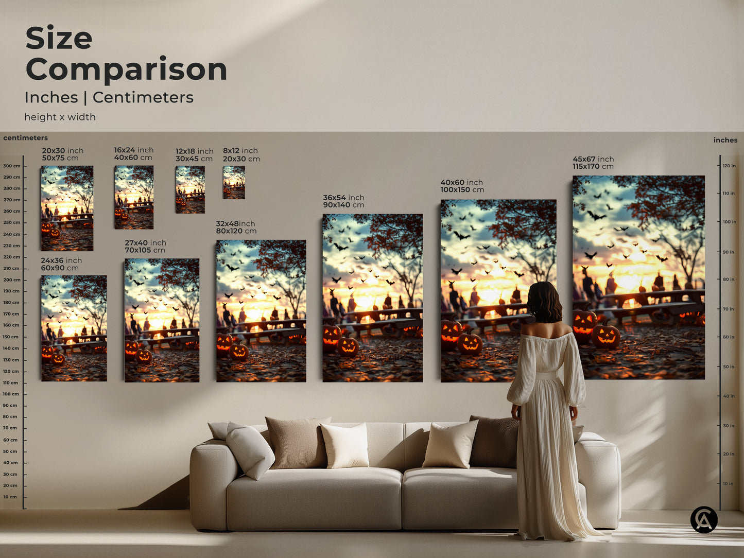 Size comparison of Halloween canvas art. Inches and centimeters are displayed. A woman stands beside the artwork for scale. Sizes range from small to extra large. Find the perfect fit for your eclectic home decor. This spooky season decor is a unique autumn gift.