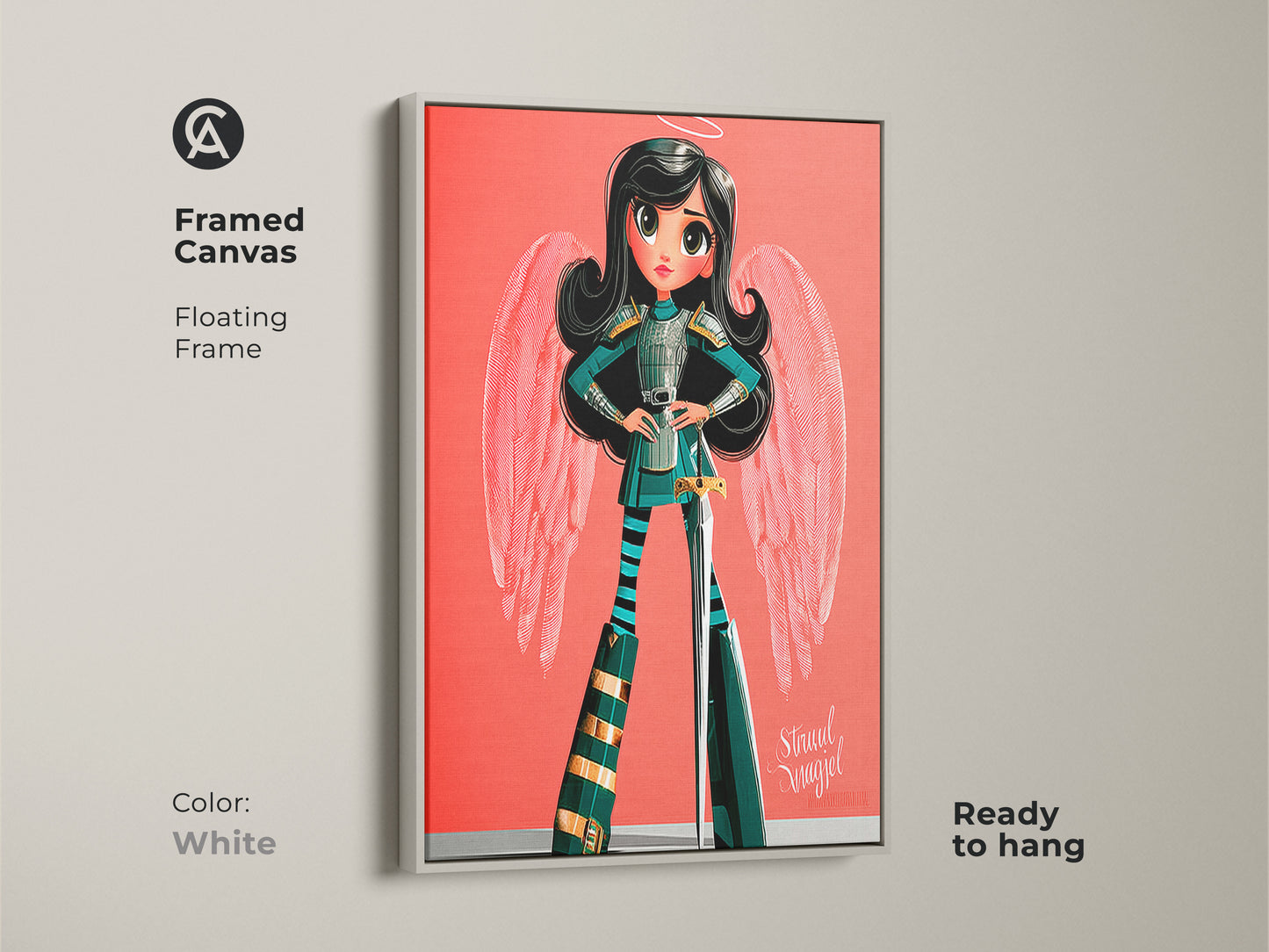 Framed in white this canvas features a winged warrior decor. It showcases the unique fantasy poster against a bright coral pink art background. This children's room artwork is ready to hang.