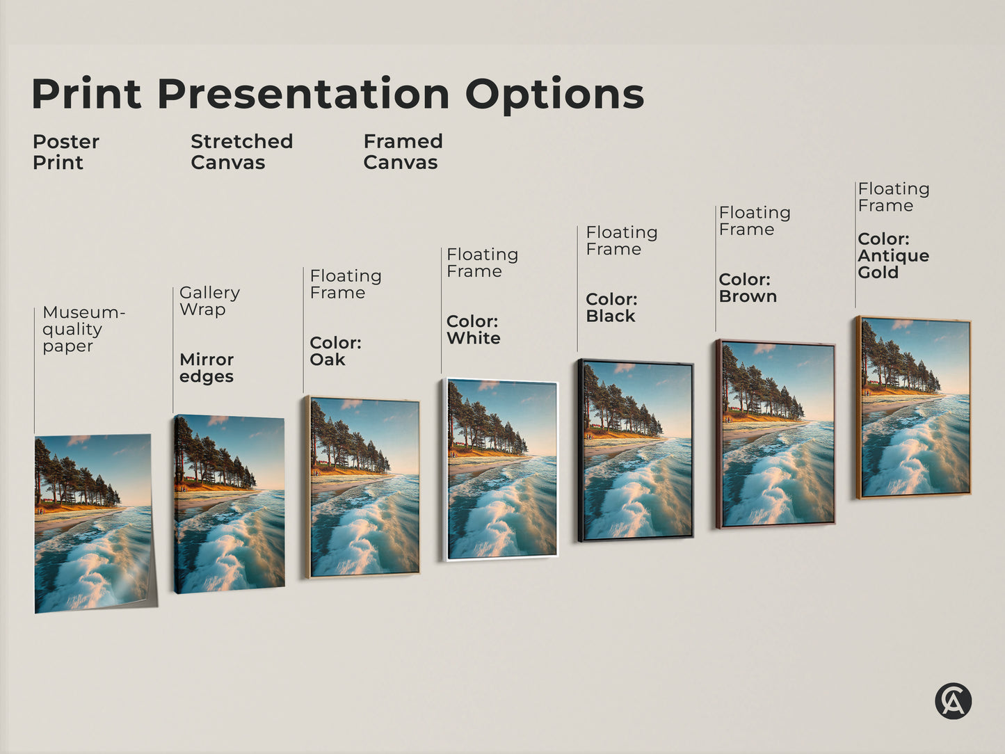 Explore print presentation options for ocean wave coastal landscape artwork. Options include poster prints stretched canvas and framed canvas. Enhance your home decor with a beach scene art print in museum-quality.