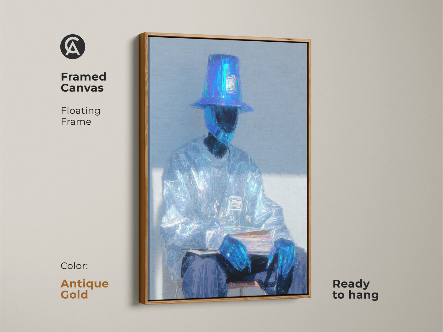 Framed canvas showcasing a seated figure in artwork. The subject has a bucket hat and shimmering attire. The floating frame is in antique gold. Ready to hang this artwork brings unique style.