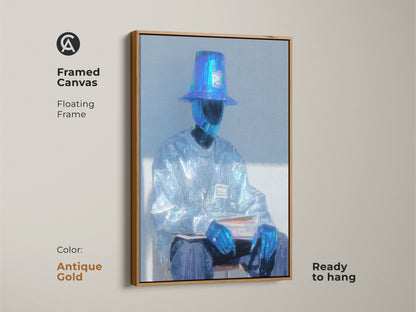 Framed canvas showcasing a seated figure in artwork. The subject has a bucket hat and shimmering attire. The floating frame is in antique gold. Ready to hang this artwork brings unique style.