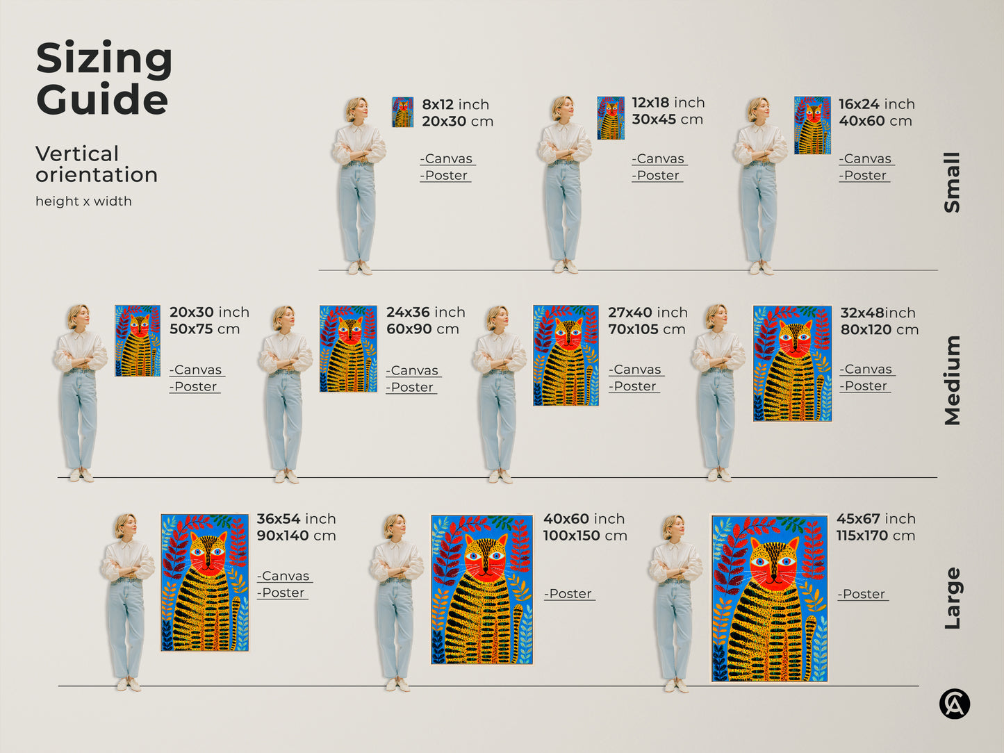 Sizing guide for the folk art tiger cat print in vertical orientation. Options include canvas and poster. Visualize small medium and large sizes of this vibrant animal artwork.