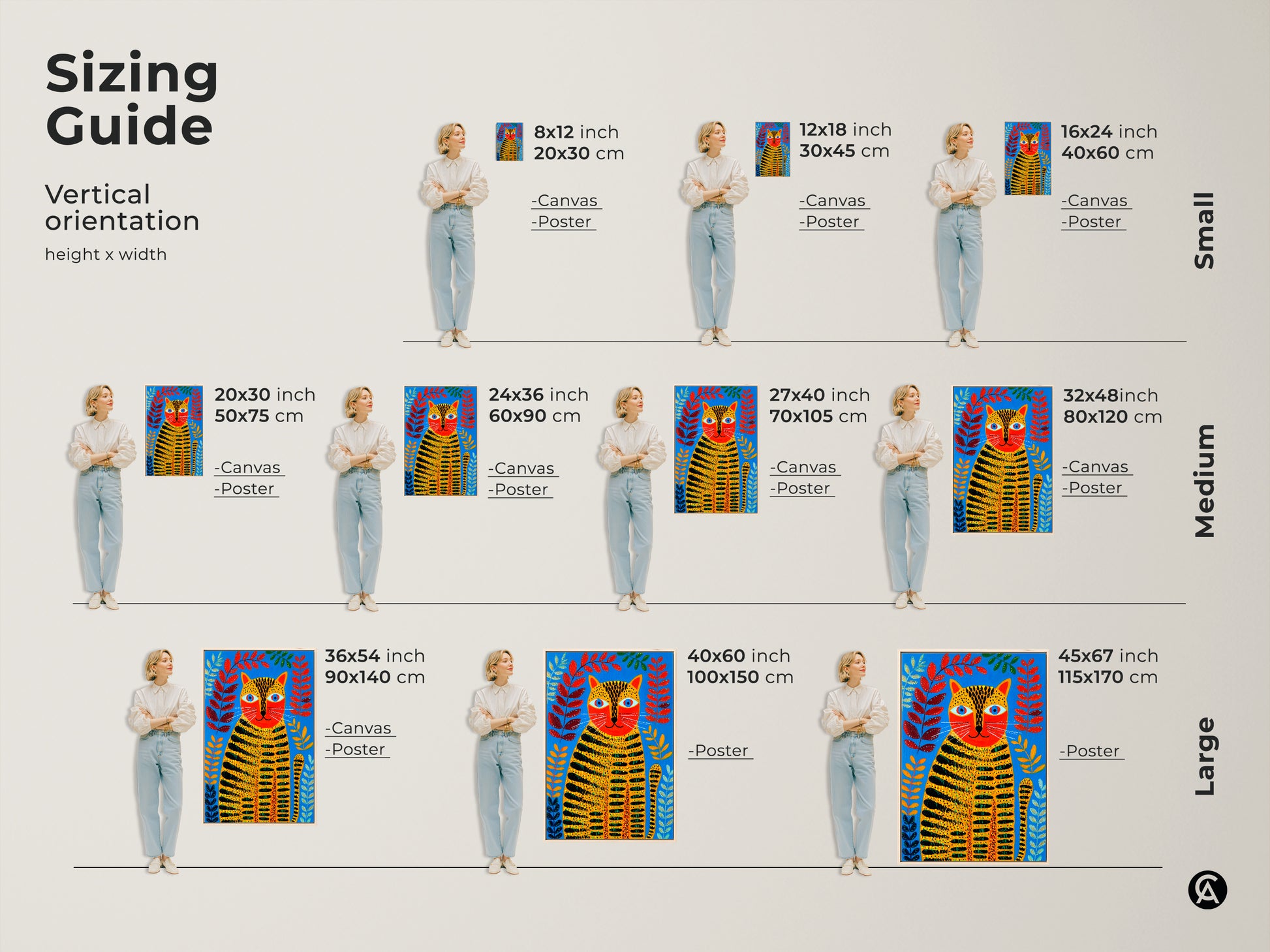 Sizing guide for the folk art tiger cat print in vertical orientation. Options include canvas and poster. Visualize small medium and large sizes of this vibrant animal artwork.