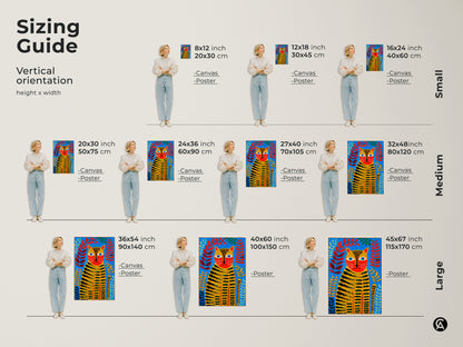 Sizing guide for the folk art tiger cat print in vertical orientation. Options include canvas and poster. Visualize small medium and large sizes of this vibrant animal artwork.