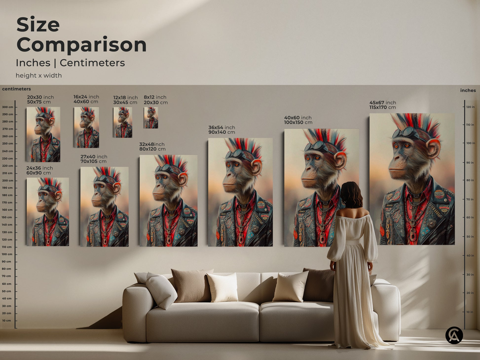 Size comparison of rock and roll chimpanzee art prints. Visualize canvas and poster sizes in inches and centimeters. See how the punk animal wall art fits above a couch. Perfect for eclectic home decor. Get this unique animal print for a man cave or music themed room