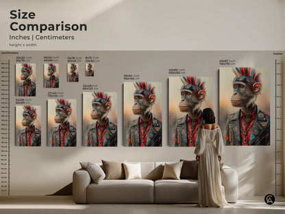 Size comparison of rock and roll chimpanzee art prints. Visualize canvas and poster sizes in inches and centimeters. See how the punk animal wall art fits above a couch. Perfect for eclectic home decor. Get this unique animal print for a man cave or music themed room