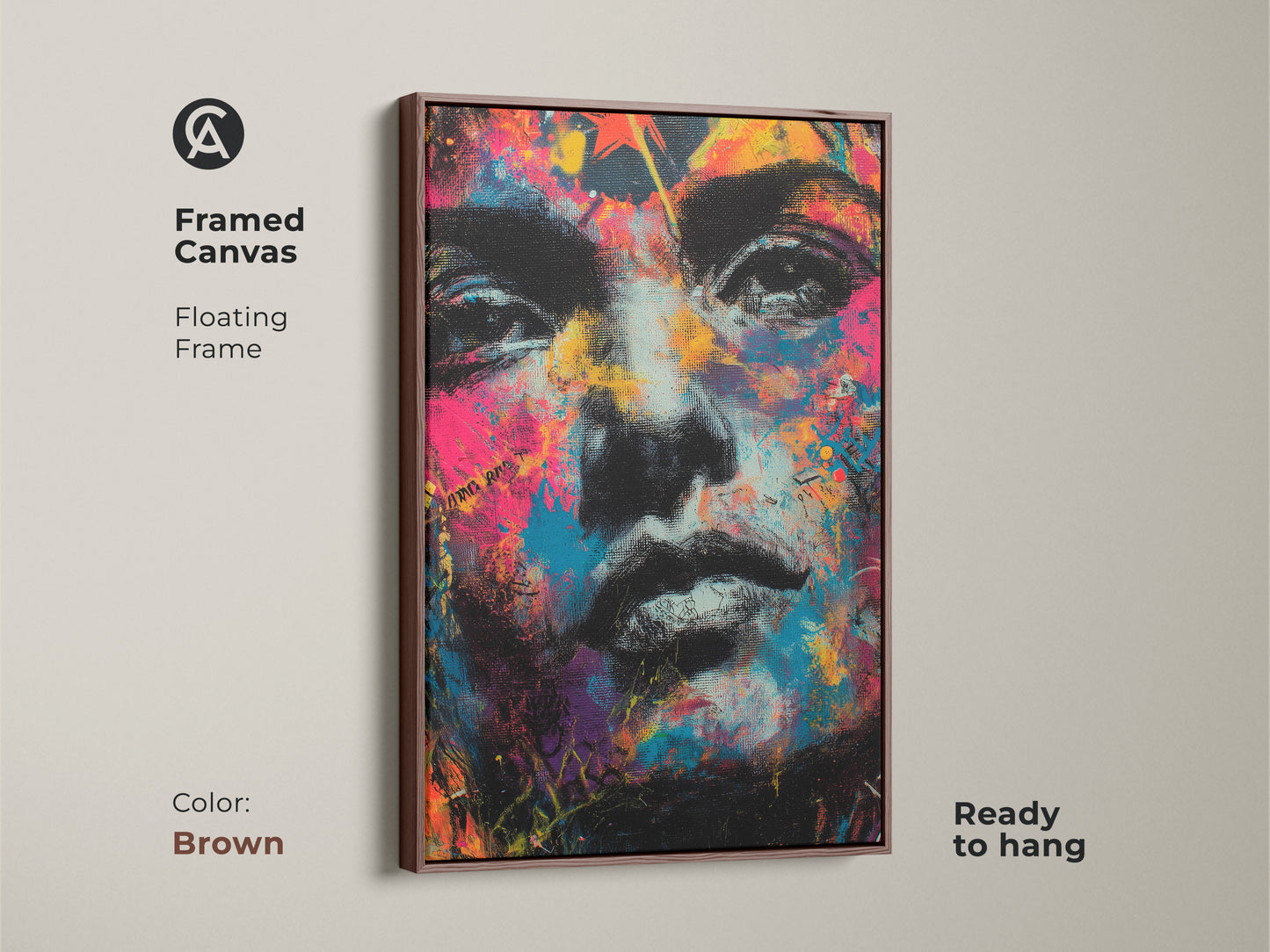 Framed canvas art in a brown floating frame. The colorful portrait is ready to hang. This artwork adds warmth to any room. The brown frame complements the colors. It's a stylish and modern home decor piece.