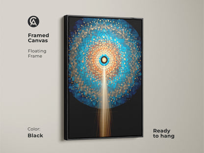 Framed canvas showcasing contemporary abstract artwork. Black floating frame highlights the deep blue and gold geometric. Sunburst mandala design. Ready to hang as a spiritual accent.