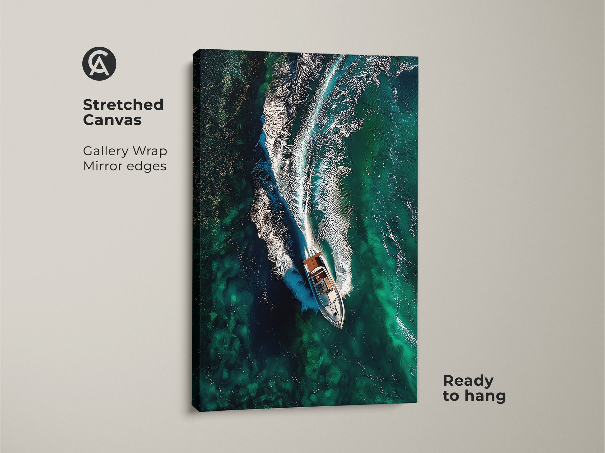 Stretched canvas of emerald ocean waves with a speedboat. This aerial view canvas art is ready to hang and brings a dynamic coastal feel. Ideal for boating lovers seeking sophisticated wall decor. A perfect nautical artwork.