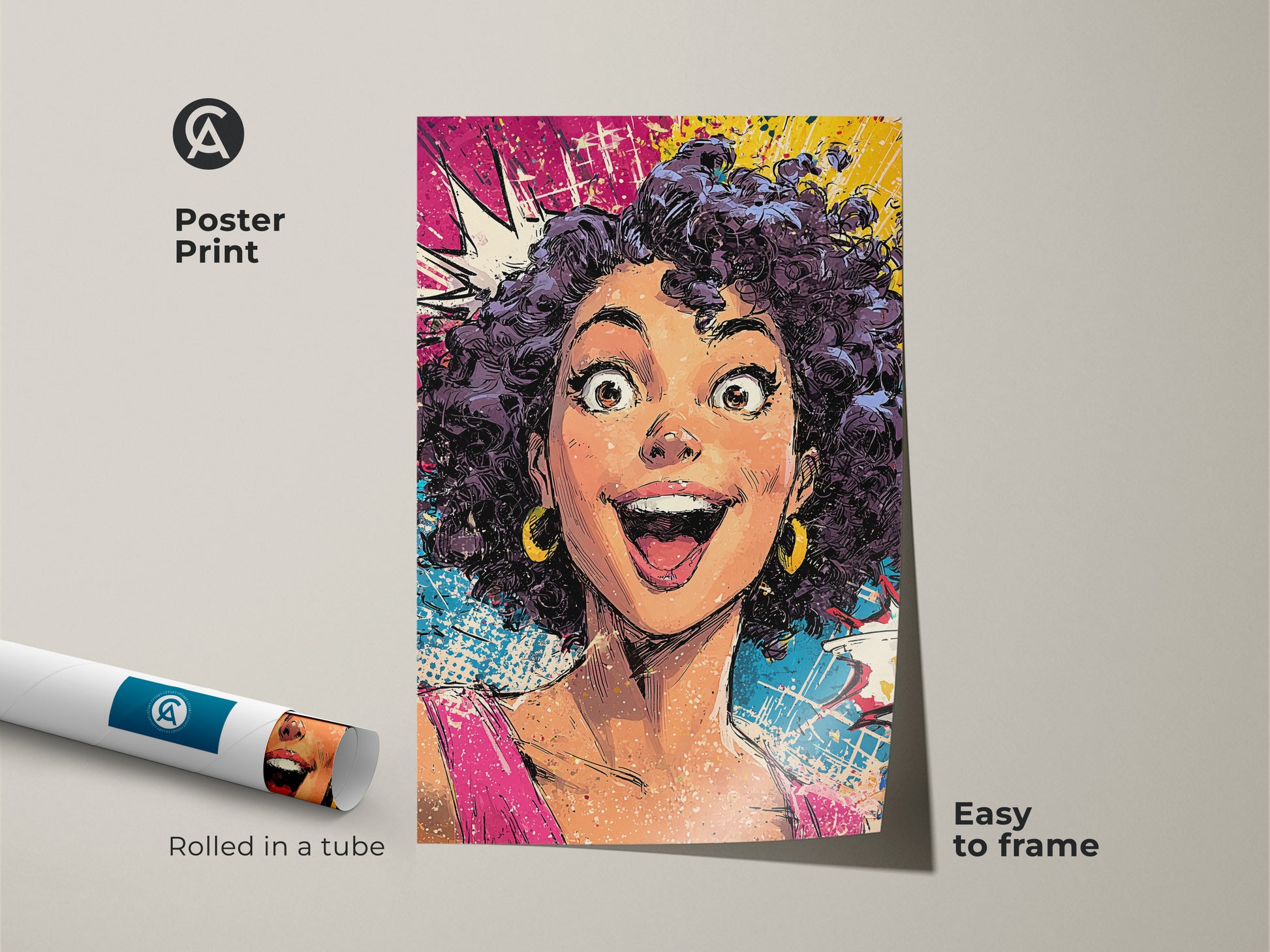 Poster print of a pop art woman in a comic book style. This museum-quality paper print is easy to frame. The artwork features a vibrant pink yellow and blue palette. Rolled in a tube for protection this graphic novel art print is perfect for adding a pop of color to your walls