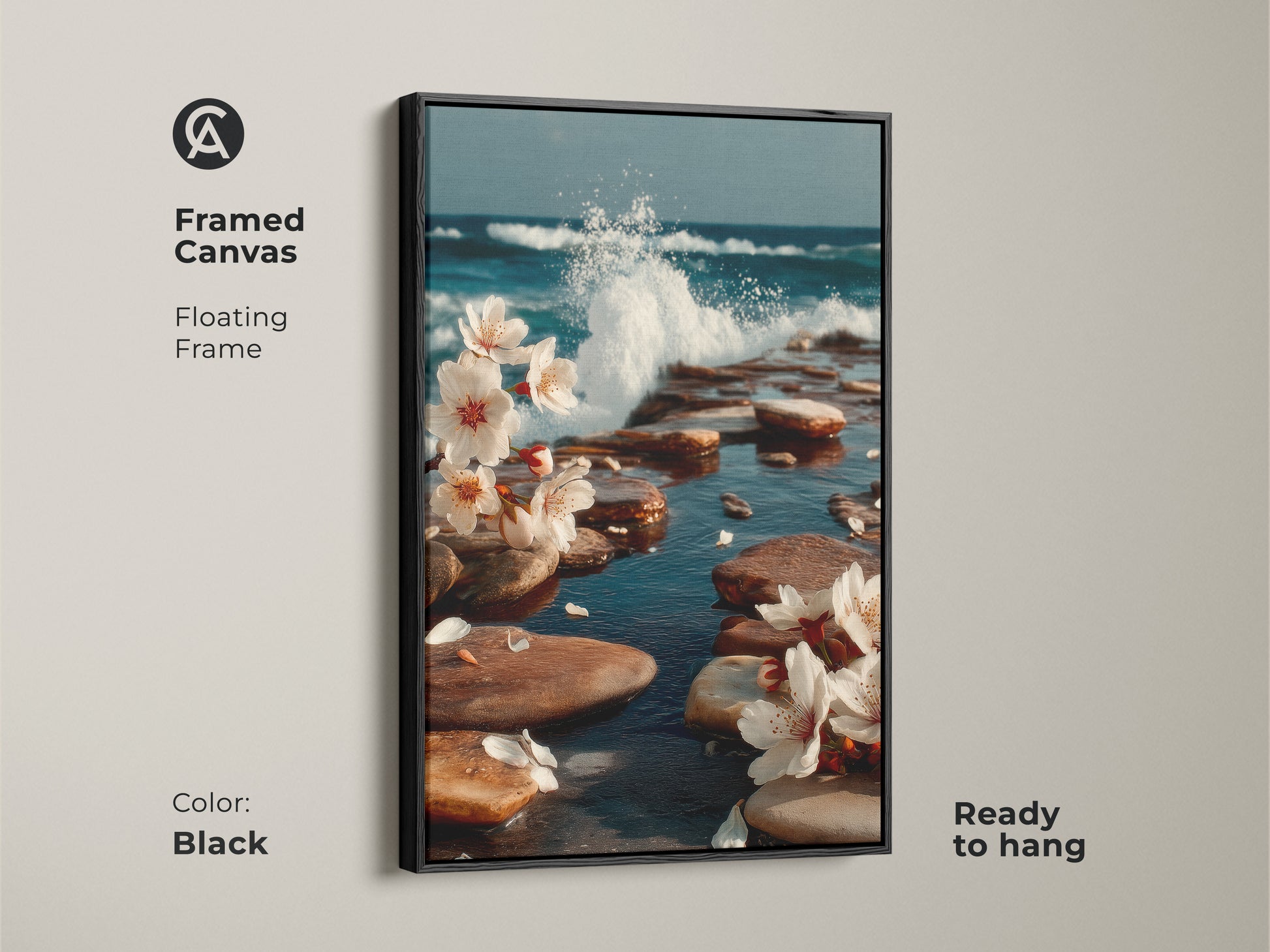Black framed canvas art featuring ocean waves and cherry blossoms. Floating frame artwork is ready to hang. This coastal art brings a touch of elegance to any space. Perfect for ocean and nature lovers