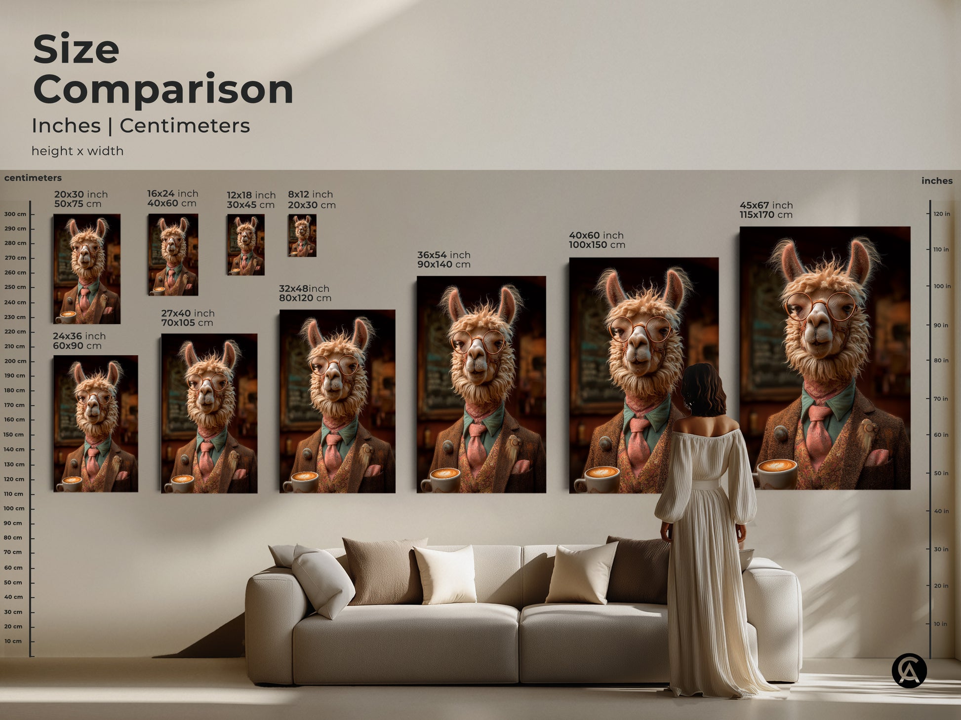 Size comparison chart for Tan Beige Llama Portrait Art. Artwork ranges from 16x24 to 45x67 inches. Visualize scale above a couch. Find the perfect fit for your Eclectic Animal Print wall decor. A stylish home accent.