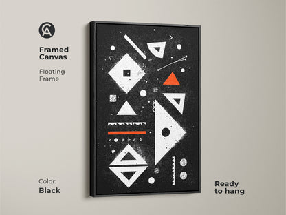 Framed canvas with floating frame displaying abstract geometric art. This mid-century modern print features a black frame. Ready to hang adding a contemporary touch to any space. It's an ideal choice for minimalist or geometric decor styles in a studio or office.