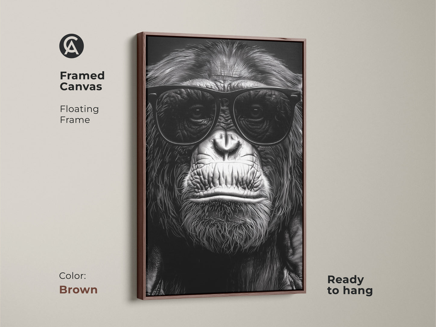 A framed canvas displays a chimpanzee in sunglasses. This black and white gorilla art has a brown floating frame. It is a primate portrait ready to hang. Ideal for study room or office decor. Makes a unique animal lover gift. This canvas adds an eclectic touch.