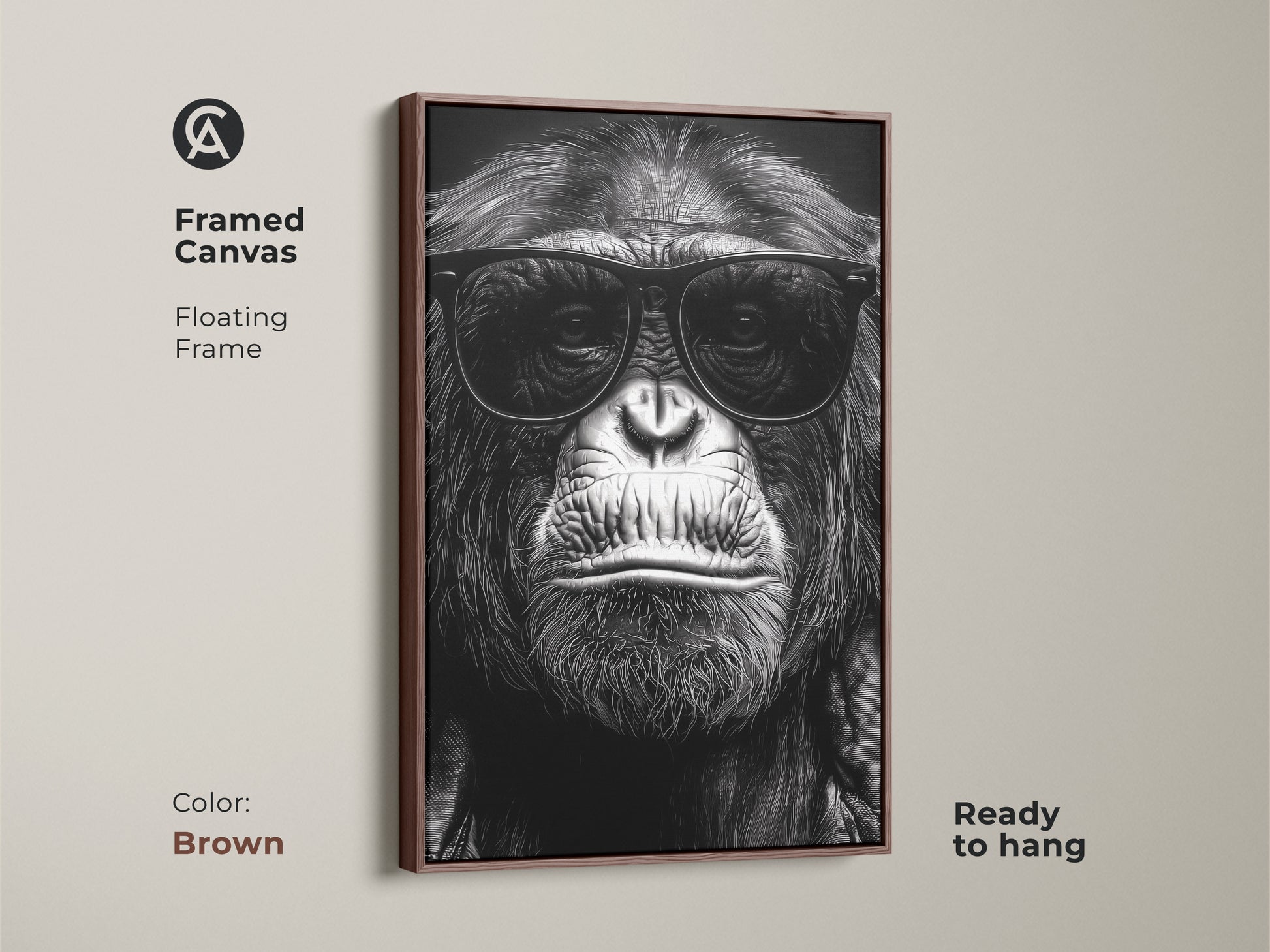 A framed canvas displays a chimpanzee in sunglasses. This black and white gorilla art has a brown floating frame. It is a primate portrait ready to hang. Ideal for study room or office decor. Makes a unique animal lover gift. This canvas adds an eclectic touch.