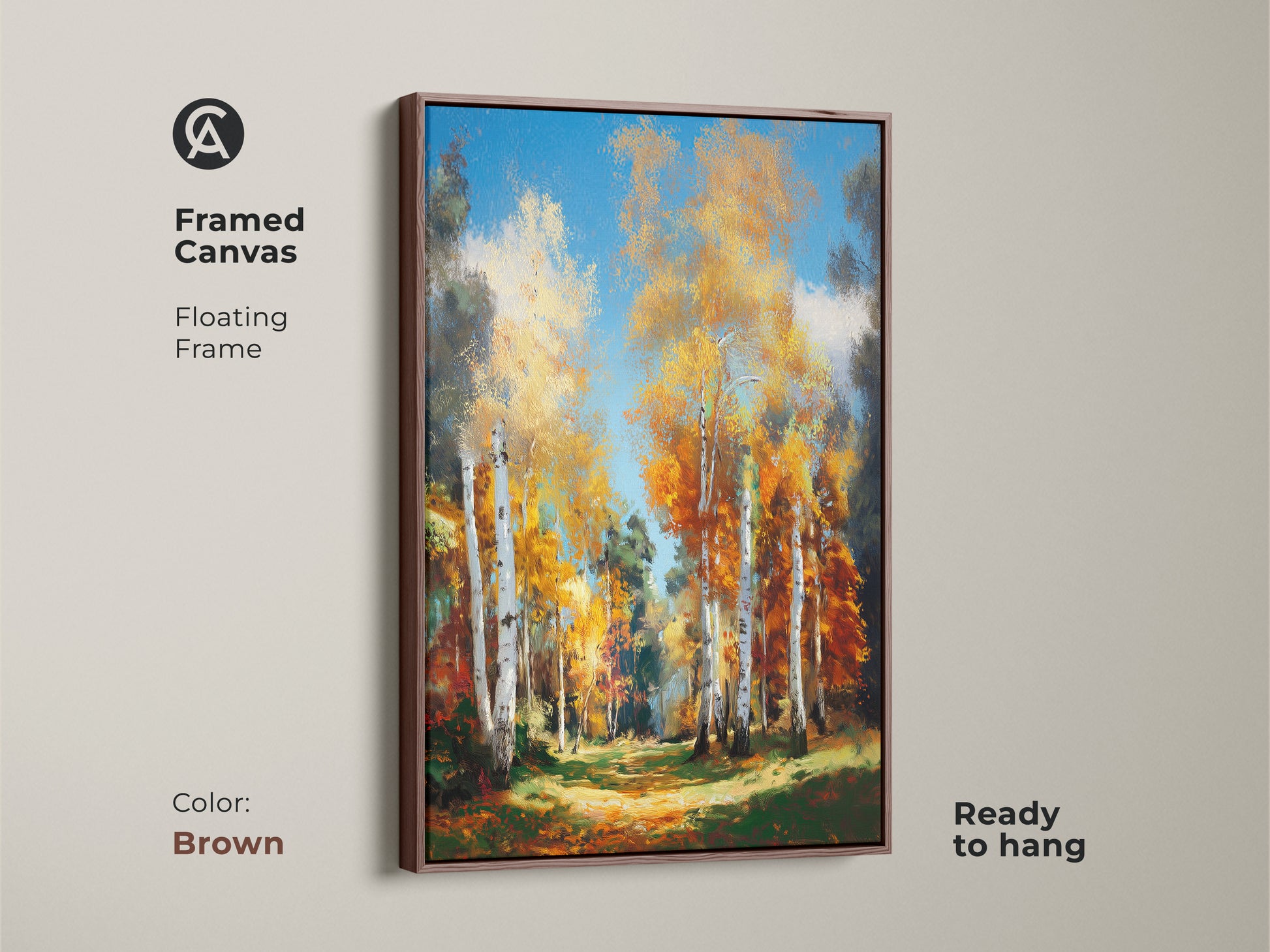 Framed canvas of birch trees with a brown floating frame. This ready-to-hang artwork adds warmth to any room. The forest landscape brings a touch of nature. The painting captures vibrant colors and detailed textures. Elevate your home decor today.