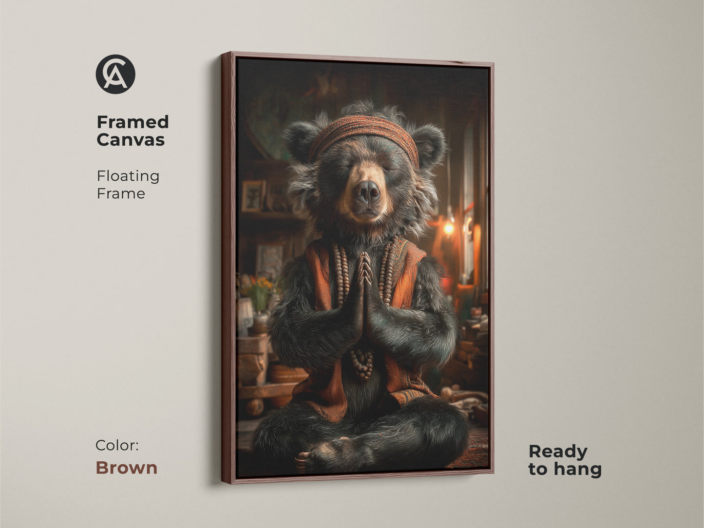 Framed Canvas featuring a meditating bear artwork in a brown frame. It comes with a floating frame. This artwork is ready to hang. A unique animal print to gift for meditation lover. Spiritual animal decor.