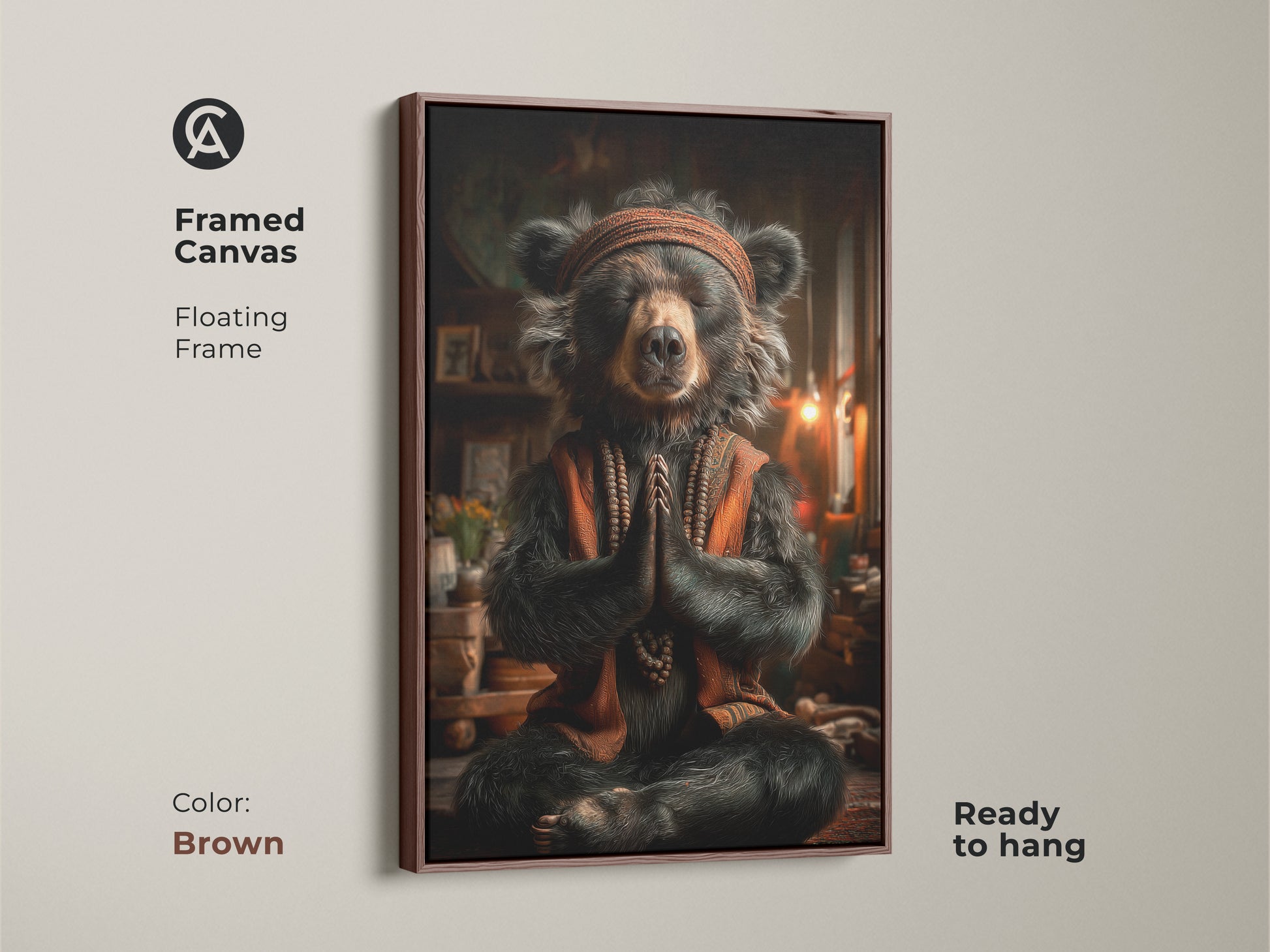 Framed Canvas featuring a meditating bear artwork in a brown frame. It comes with a floating frame. This artwork is ready to hang. A unique animal print to gift for meditation lover. Spiritual animal decor.