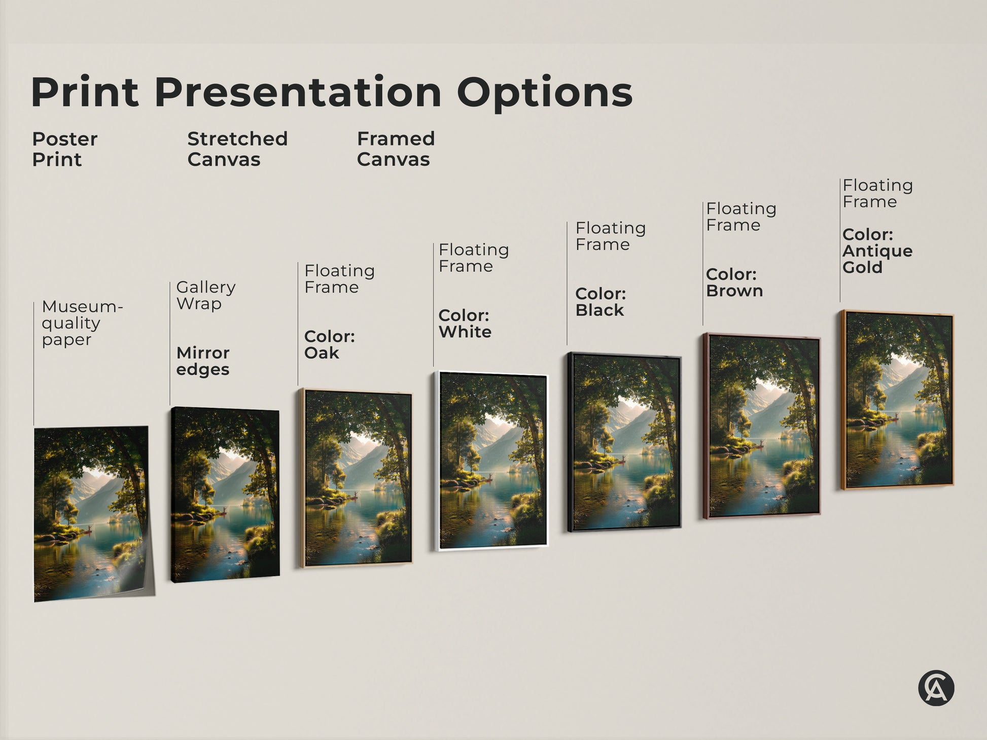 Explore print presentation options for a serene lake landscape artwork. Choose from poster prints stretched canvas or framed canvas. Find the perfect style to showcase this artwork.