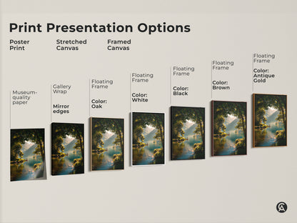 Explore print presentation options for a serene lake landscape artwork. Choose from poster prints stretched canvas or framed canvas. Find the perfect style to showcase this artwork.