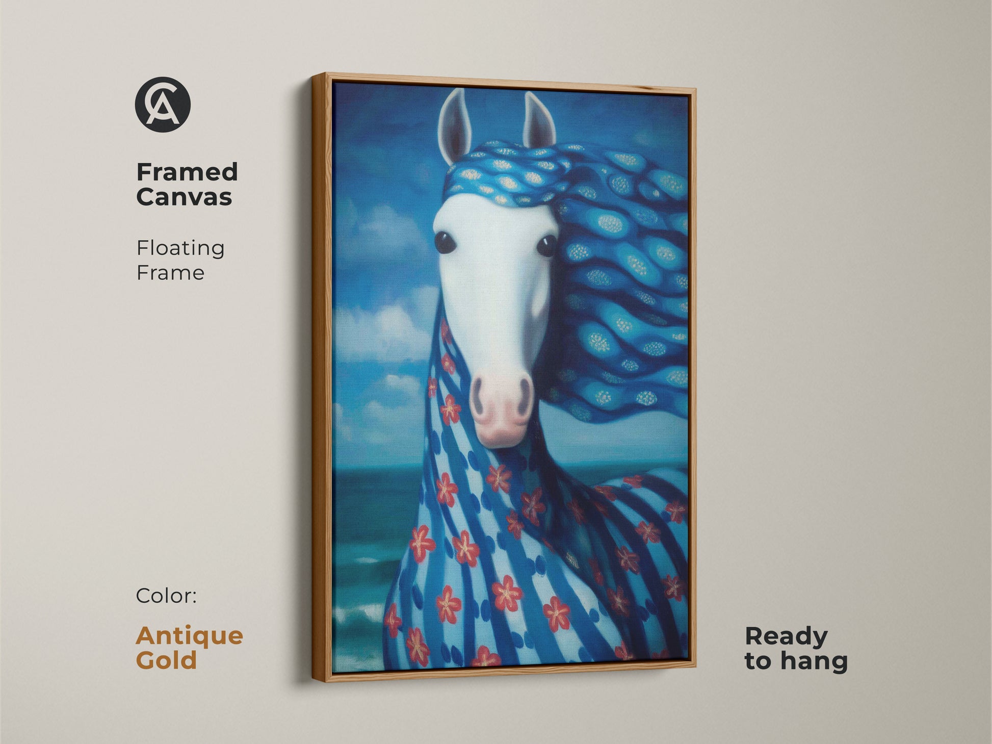 Framed canvas print of a surreal blue horse in an antique gold floating frame. Ready to hang and adds an artistic touch to any room. Ideal for coastal home decor art.