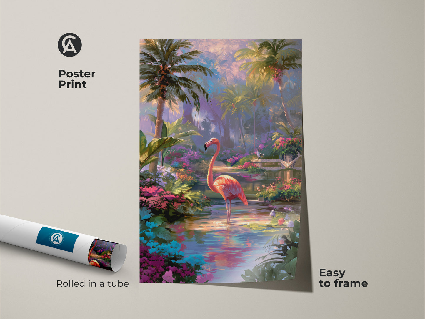 Poster print of a flamingo art. The rolled poster in a tube is easy to frame. This tropical paradise canvas art enhances your space. Ideal for adding a touch of exotic nature wall art to any room. Perfect as an animal lover gift.