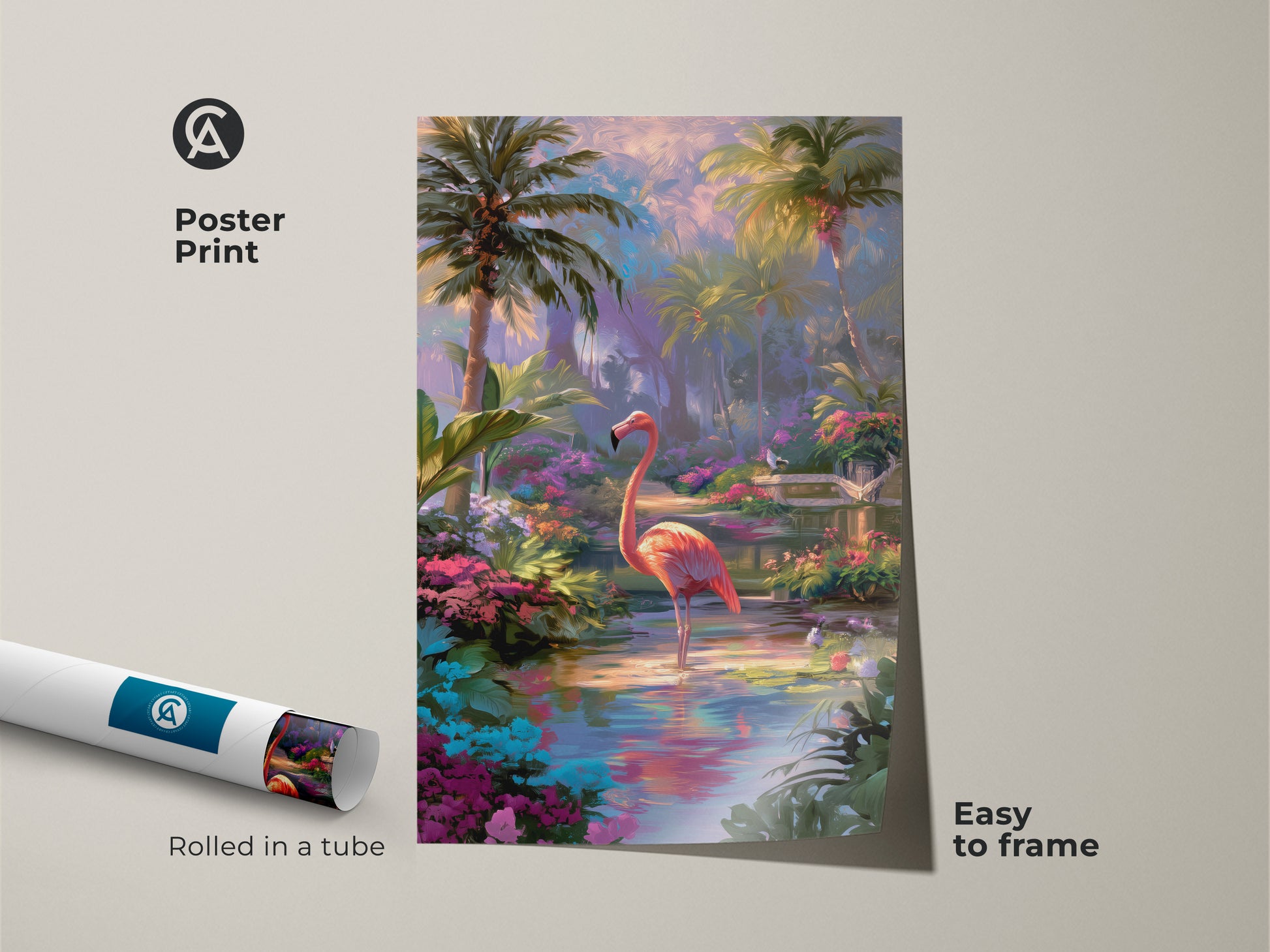 Poster print of a flamingo art. The rolled poster in a tube is easy to frame. This tropical paradise canvas art enhances your space. Ideal for adding a touch of exotic nature wall art to any room. Perfect as an animal lover gift.