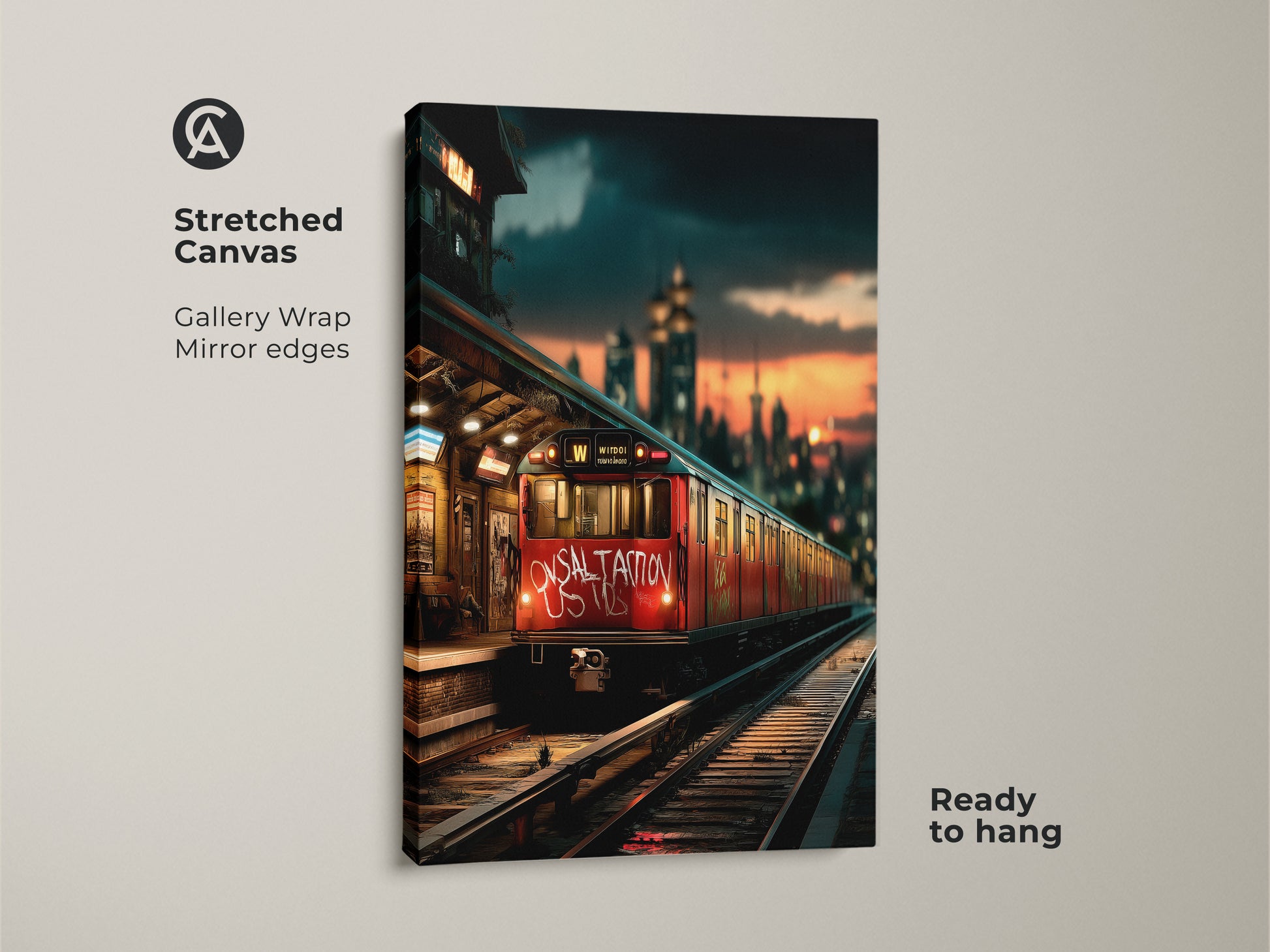 Urban cityscape canvas art featuring a vibrant graffiti subway scene. This stretched canvas print showcases gallery wrap mirror edges. It is ready to hang. The industrial train station decor brings modern urban art to any space. A perfect transportation wall hanging.