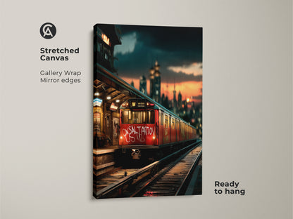 Urban cityscape canvas art featuring a vibrant graffiti subway scene. This stretched canvas print showcases gallery wrap mirror edges. It is ready to hang. The industrial train station decor brings modern urban art to any space. A perfect transportation wall hanging.