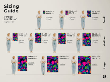 Sizing guide for anime art prints. Vertical orientation height x width options are displayed. The artwork features a central character surrounded by colorful creatures. Find the perfect size for your space with our versatile art prints.