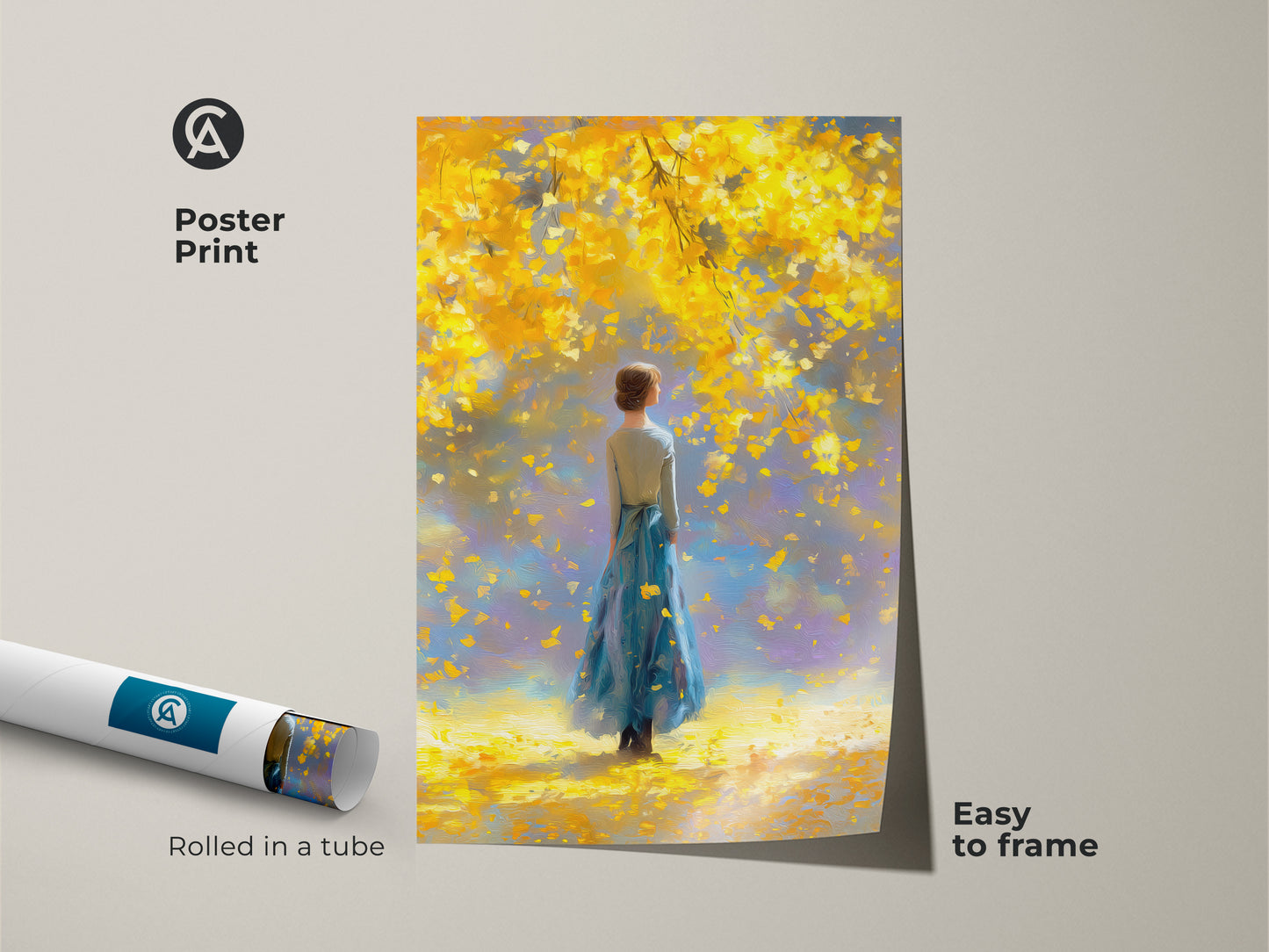 Poster print showcasing a woman in a blue dress under a golden yellow tree. Rolled in a tube for easy framing this museum-quality art piece is perfect for any room. The artwork brings a blend of nature and elegance to your decor. Add a touch of sophistication to your space.