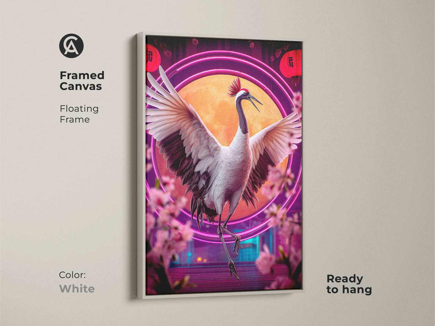 This framed canvas features the red crowned crane print in an antique gold floating frame. The ornate crane painting has vibrant neon art and cherry blossoms. This is unique bird wall art is ready to hang and makes for excellent modern oriental decor.