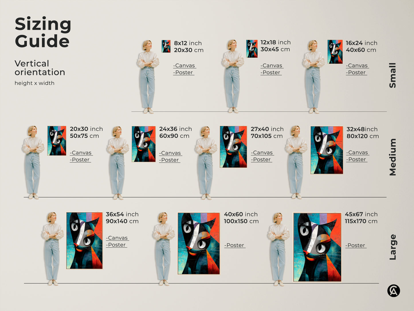 Sizing guide for vertical geometric cat artwork. Available as canvas or poster in small medium and large sizes. This abstract animal print fits any space. The modern black orange and teal art is perfect for cat lovers. Enhance your home decor now.