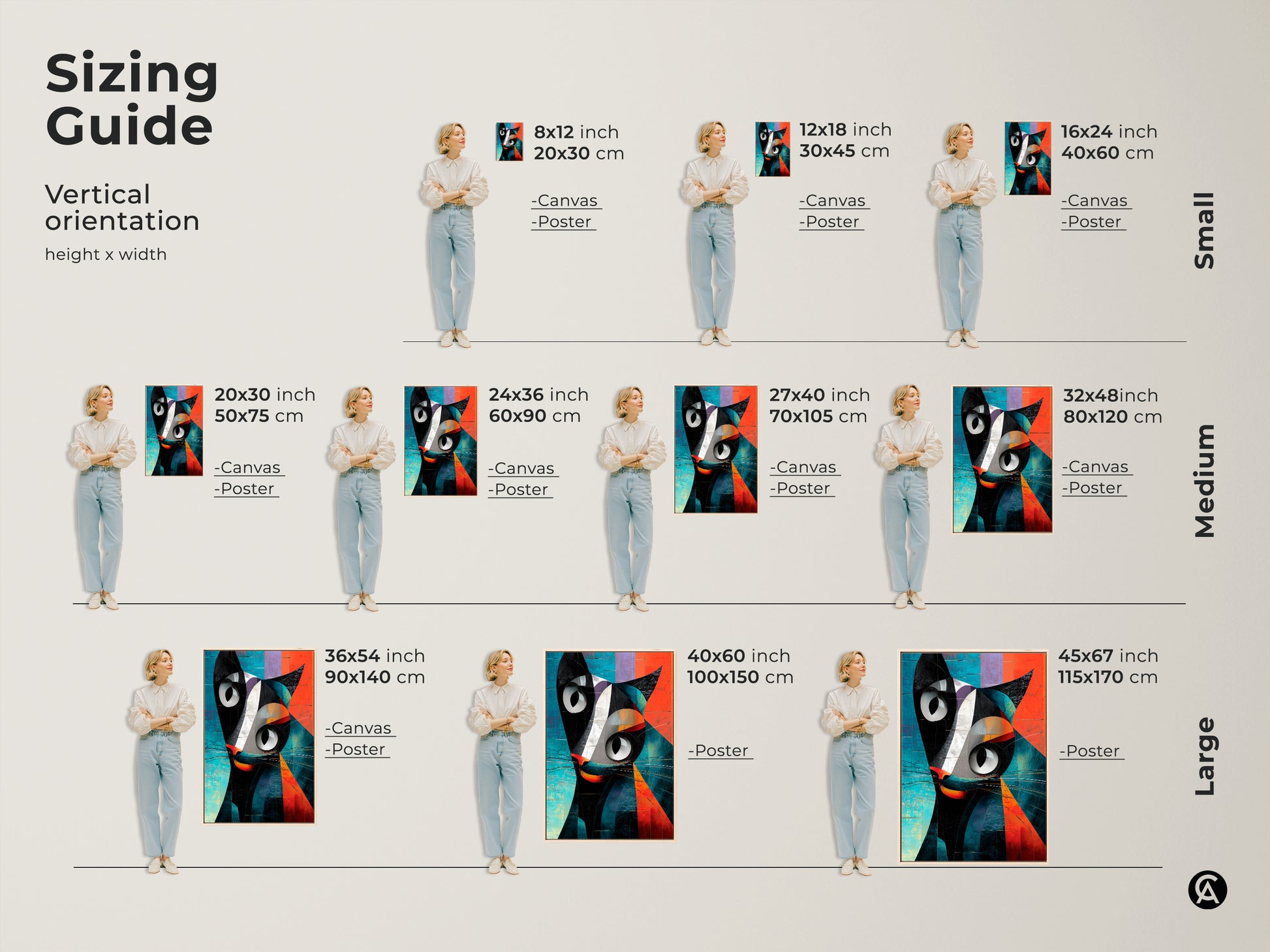 Sizing guide for vertical geometric cat artwork. Available as canvas or poster in small medium and large sizes. This abstract animal print fits any space. The modern black orange and teal art is perfect for cat lovers. Enhance your home decor now.