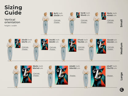 Sizing guide for vertical geometric cat artwork. Available as canvas or poster in small medium and large sizes. This abstract animal print fits any space. The modern black orange and teal art is perfect for cat lovers. Enhance your home decor now.