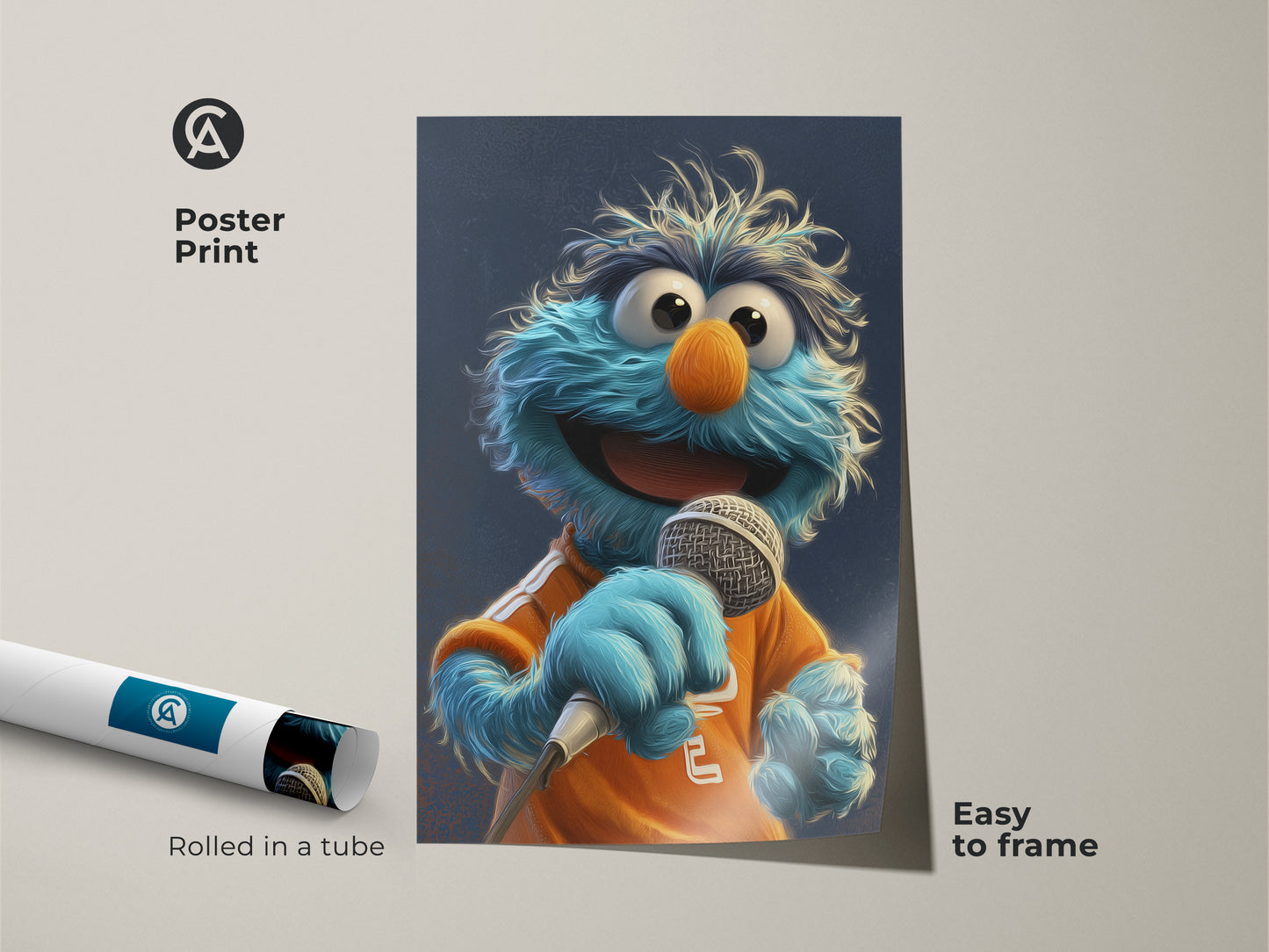 Poster print of a teal blue orange monster character art. Rolled in a tube and easy to frame this funny character art is ideal pop culture decor for a kids room.