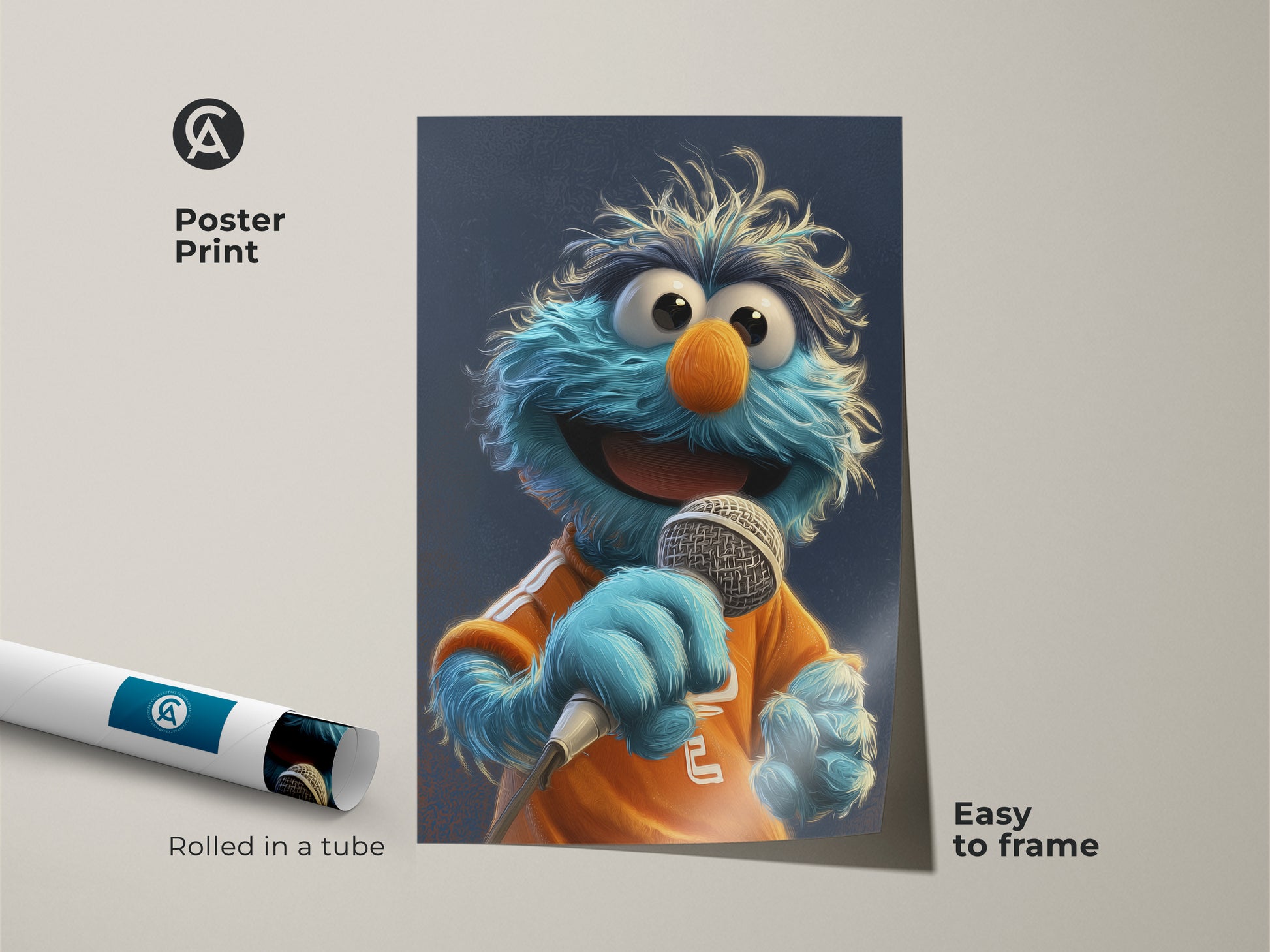 Poster print of a teal blue orange monster character art. Rolled in a tube and easy to frame this funny character art is ideal pop culture decor for a kids room.