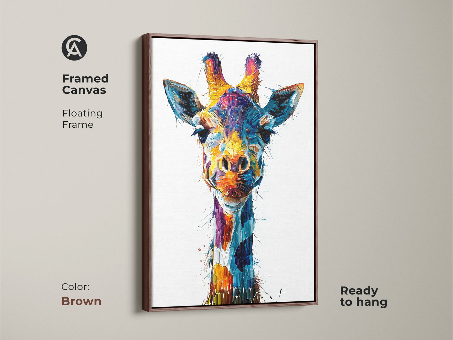 Framed canvas with a brown floating frame displays abstract giraffe artwork. This ready-to-hang piece brings vibrant color. The eclectic wildlife art makes a thoughtful animal lover gift. It complements modern home decor with its unique splatter style.