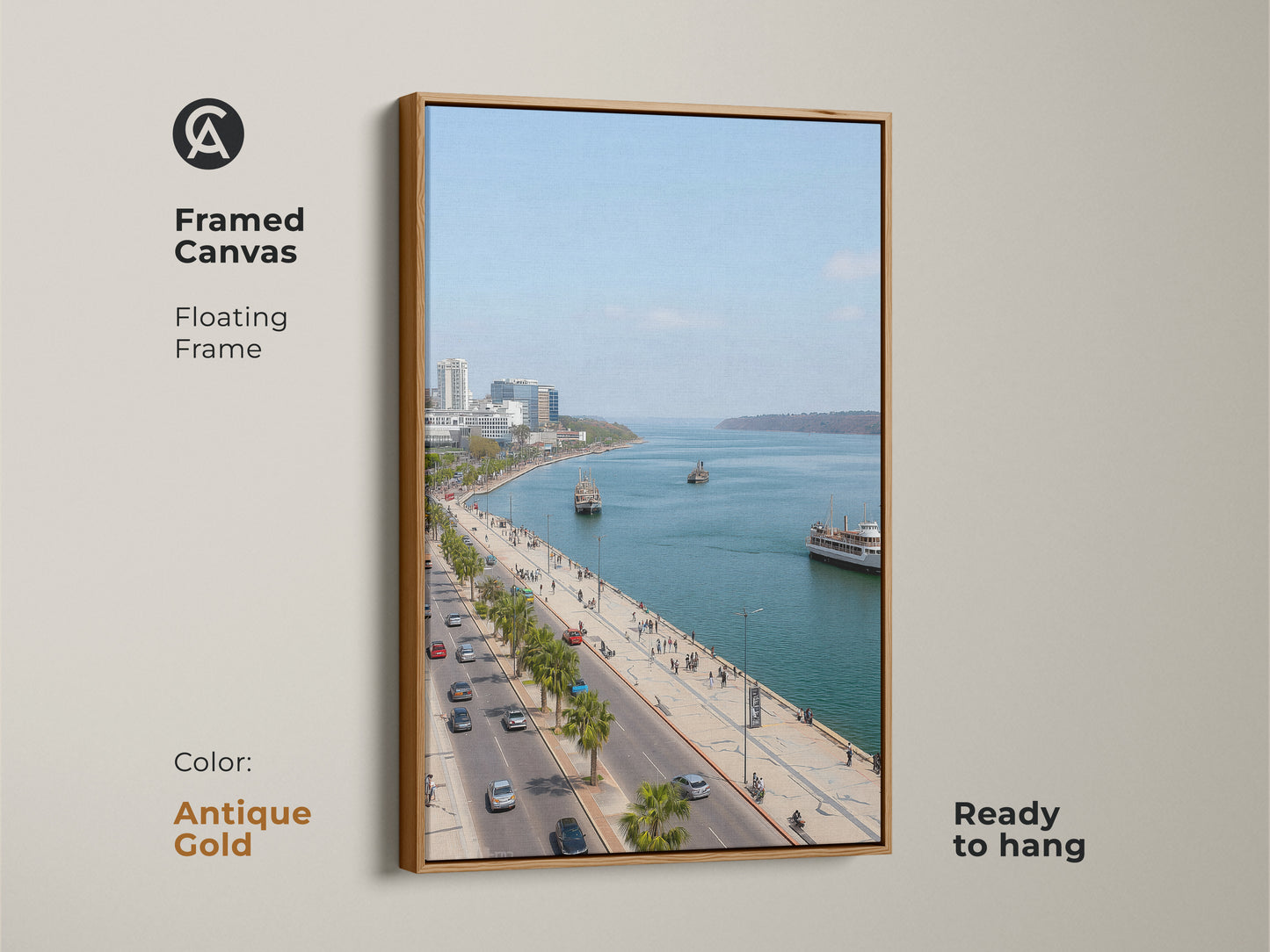 Framed canvas artwork featuring a blue teal coastal cityscape. The antique gold floating frame enhances the travel photography. Palm trees line the street. Perfect for entry hall decor. Contemporary seaside art.