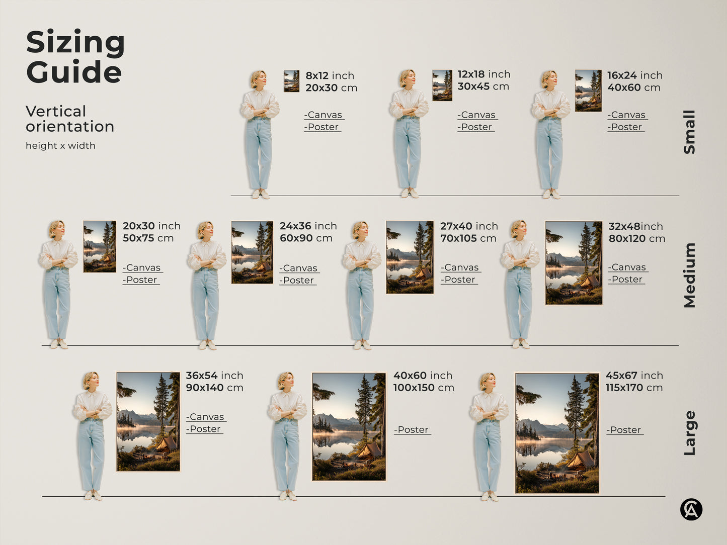 Sizing guide for vertical orientation canvas and poster prints. Dimensions range from small 8x12 inch to large 45x67 inch. Visualize how mountain lake camping art fits in your space. This guide helps select the ideal size for your outdoor adventure landscape wall decor.