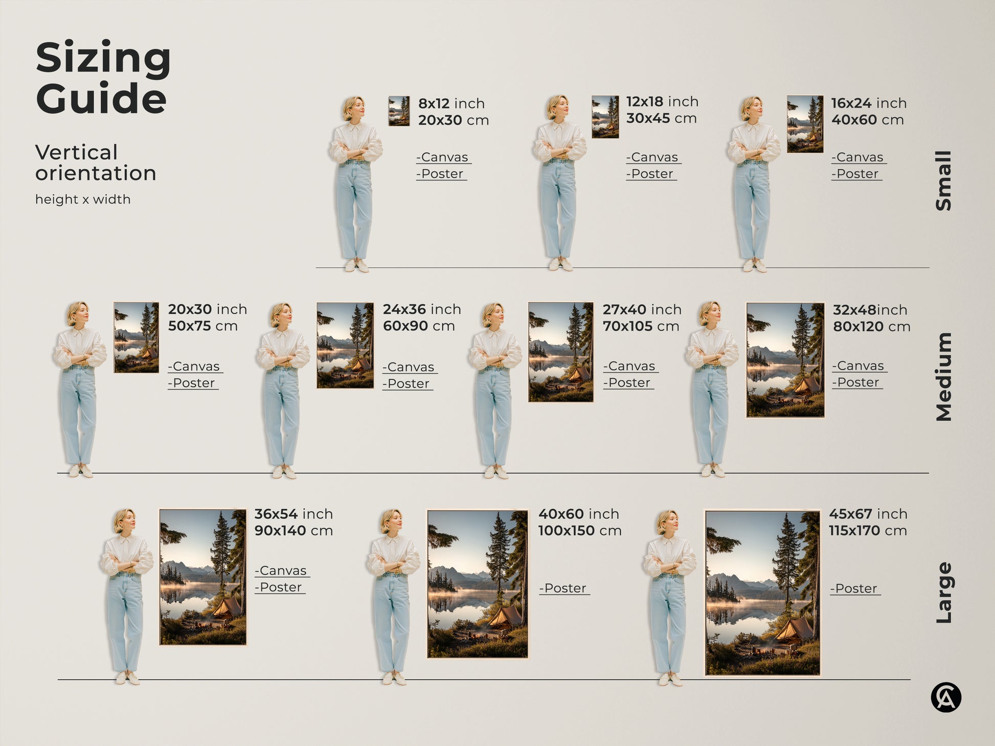 Sizing guide for vertical orientation canvas and poster prints. Dimensions range from small 8x12 inch to large 45x67 inch. Visualize how mountain lake camping art fits in your space. This guide helps select the ideal size for your outdoor adventure landscape wall decor.