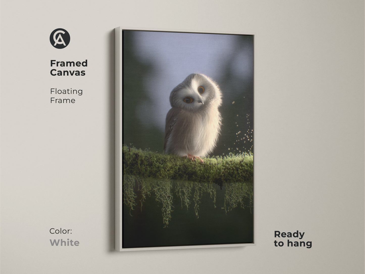 Framed canvas with baby owl artwork. The cute owl wall art complements any Scandinavian nursery. A white floating frame enhances the gentle forest creature print. It is perfect ready to hang wildlife art.