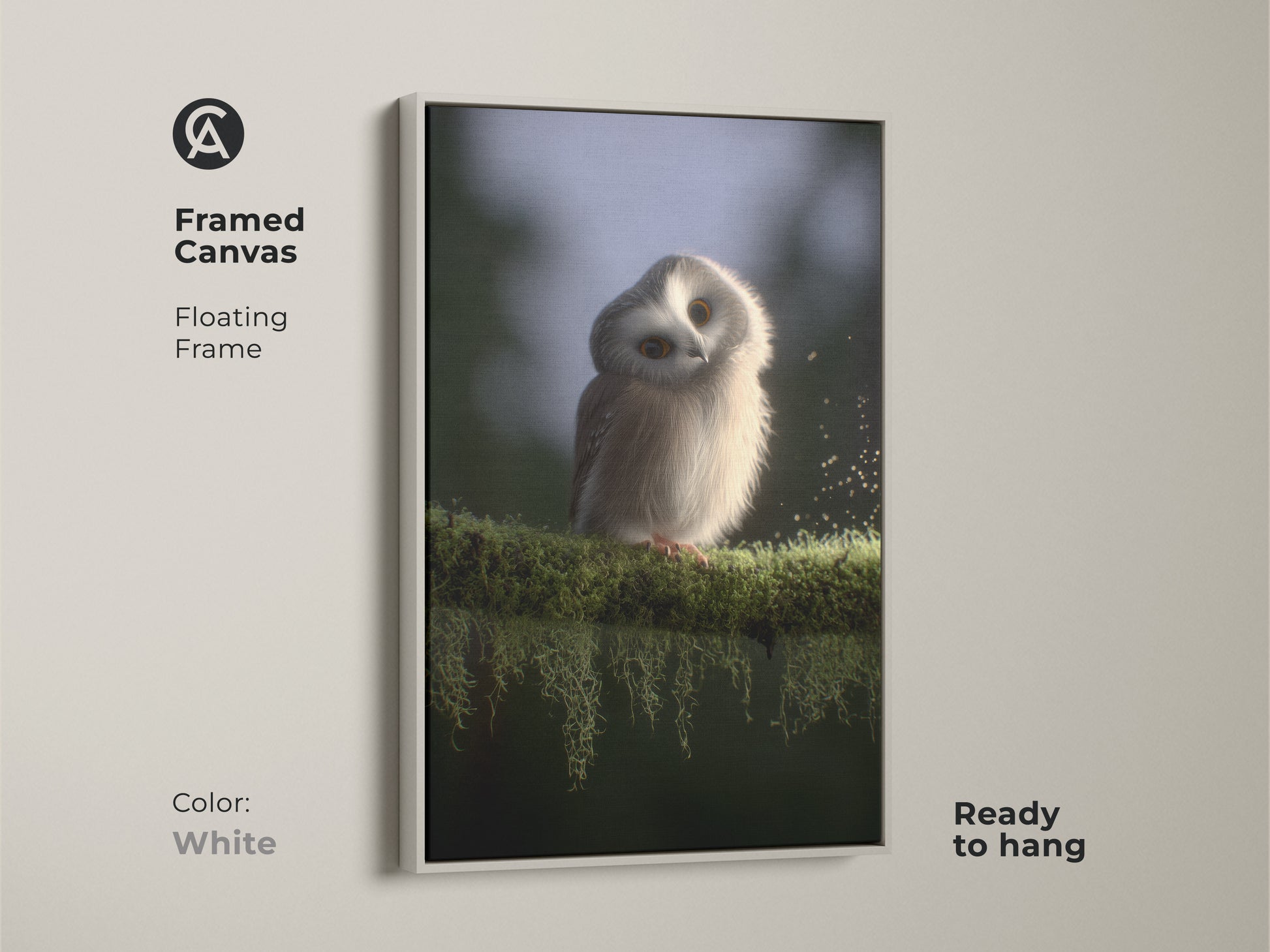 Framed canvas with baby owl artwork. The cute owl wall art complements any Scandinavian nursery. A white floating frame enhances the gentle forest creature print. It is perfect ready to hang wildlife art.