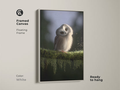 Framed canvas with baby owl artwork. The cute owl wall art complements any Scandinavian nursery. A white floating frame enhances the gentle forest creature print. It is perfect ready to hang wildlife art.