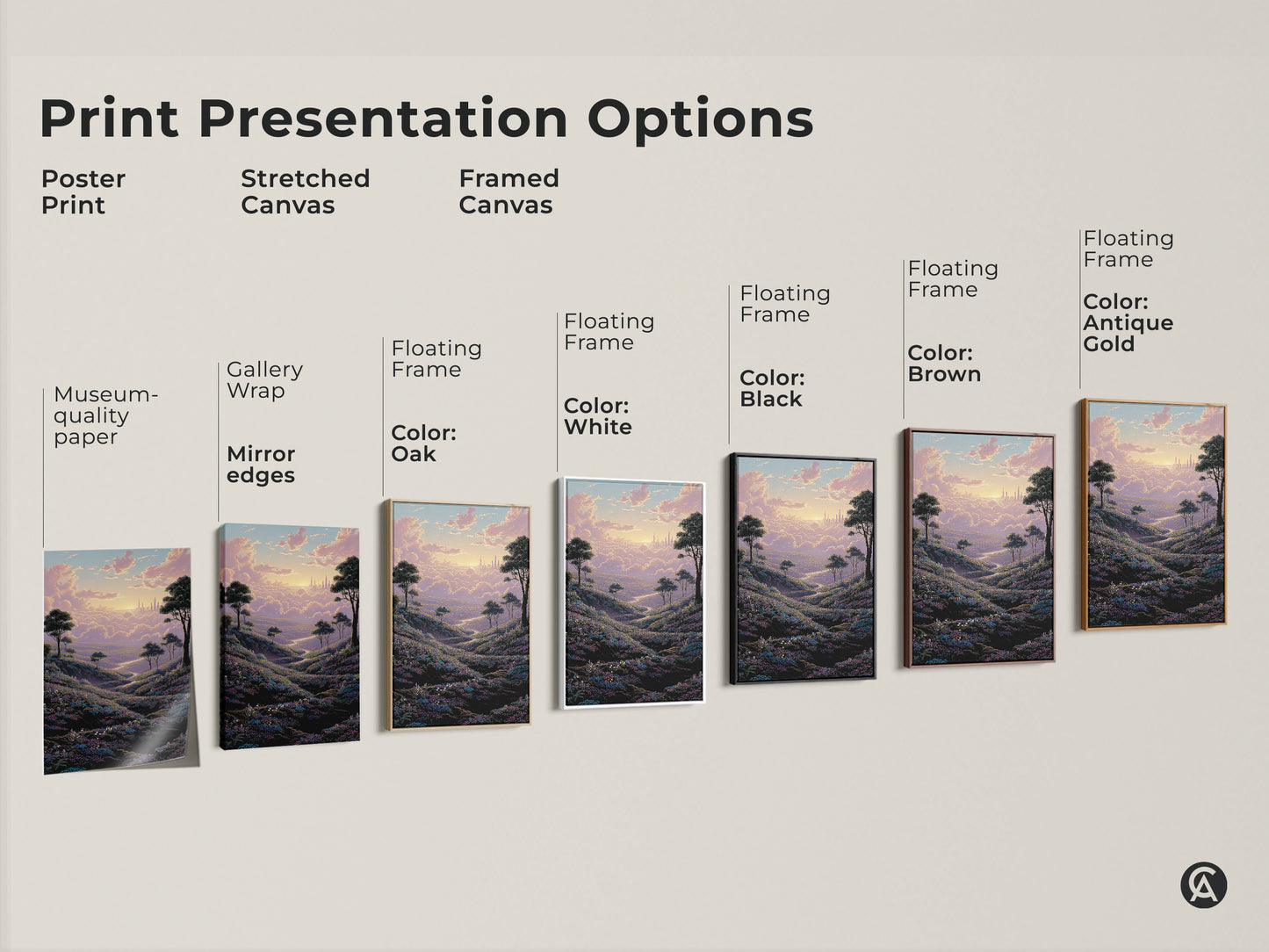 Explore print presentation options for our pastel landscape art. Choose from poster stretched or framed canvas with various frame colors. Find the perfect dreamy cityscape art for your home.