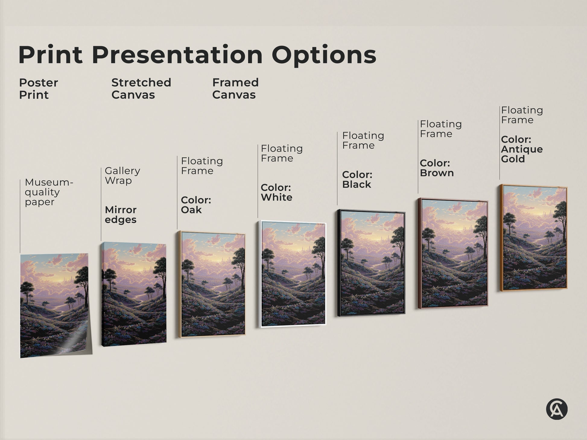 Explore print presentation options for our pastel landscape art. Choose from poster stretched or framed canvas with various frame colors. Find the perfect dreamy cityscape art for your home.