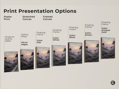 Explore print presentation options for our pastel landscape art. Choose from poster stretched or framed canvas with various frame colors. Find the perfect dreamy cityscape art for your home.