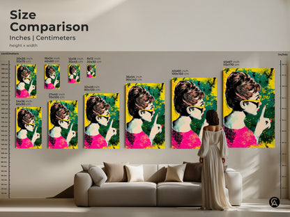 Size comparison of Audrey Hepburn pop art in inches and centimeters. Artwork featuring retro halftone style in pink yellow and teal. See how it fits above a couch. Perfect for adding a fashion statement to any wall.