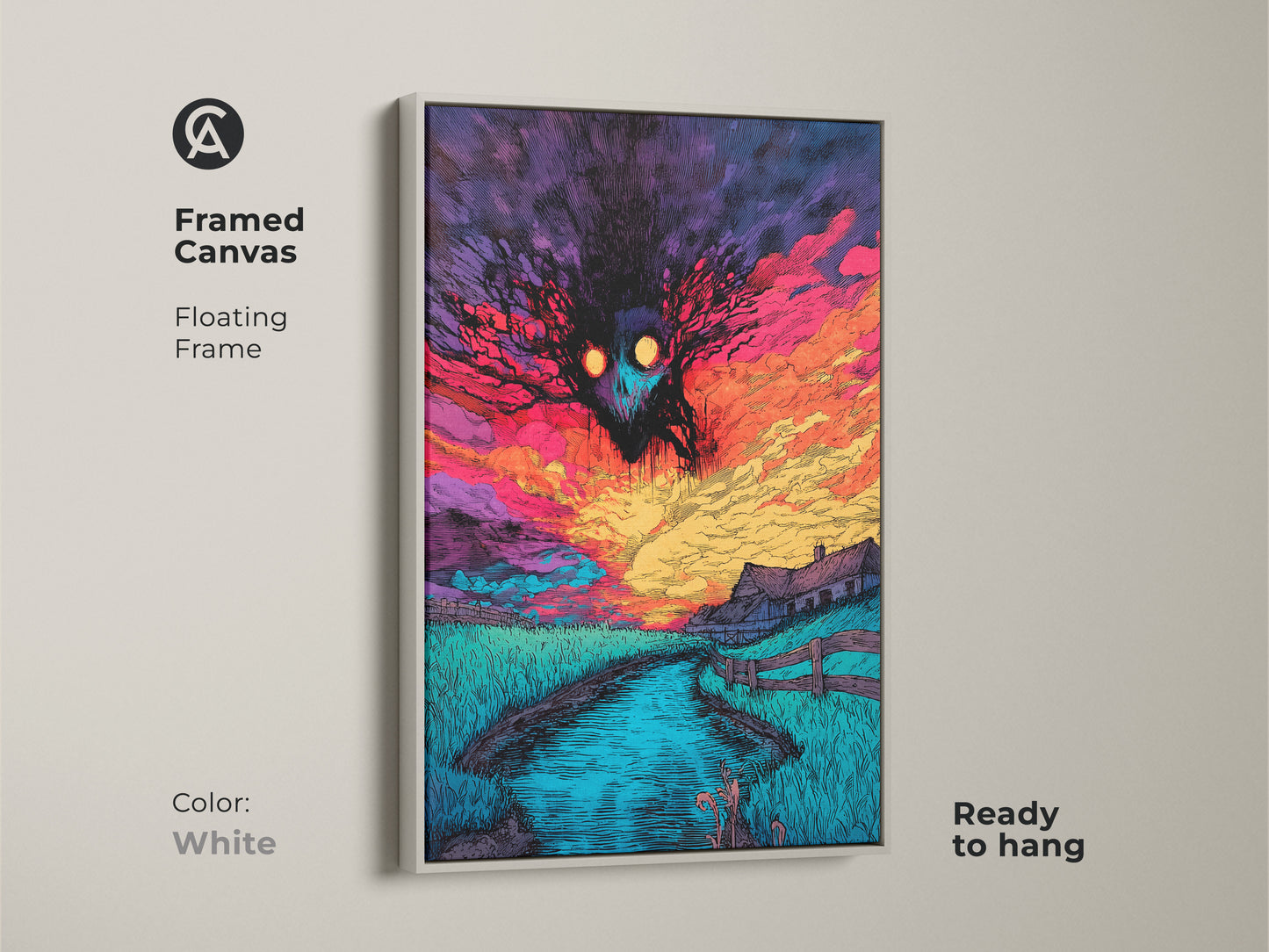 Framed canvas artwork with a floating frame. The artwork features a spooky monster over a farm landscape at sunset. The frame is white and ready to hang. A perfect piece for horror art collectors.